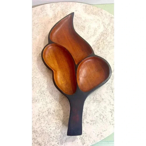 Vintage Wooden Serving Tray Leaf Design Nut Mints Candy Bowl Dish Brown 6.5x13" - Picture 2 of 9